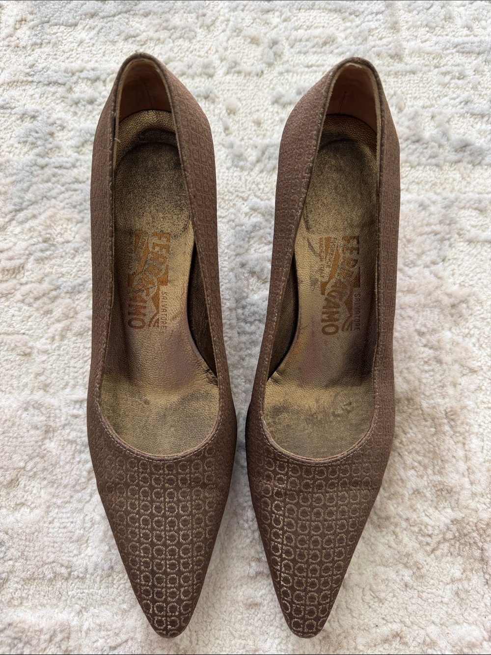 Salvatore Ferragamo Brown Textured Pointed-Toe Pumps